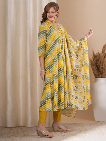 Ethnic Printed & Embroidered A-Line Paneled Kurta with Pant and Dupatta - Mutli