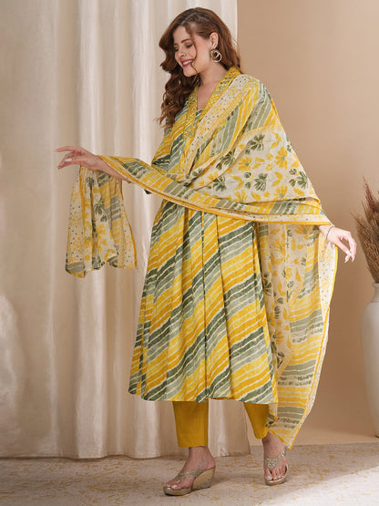 Ethnic Printed & Embroidered A-Line Paneled Kurta with Pant and Dupatta - Mutli