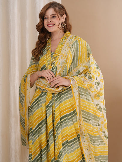 Ethnic Printed & Embroidered A-Line Paneled Kurta with Pant and Dupatta - Mutli