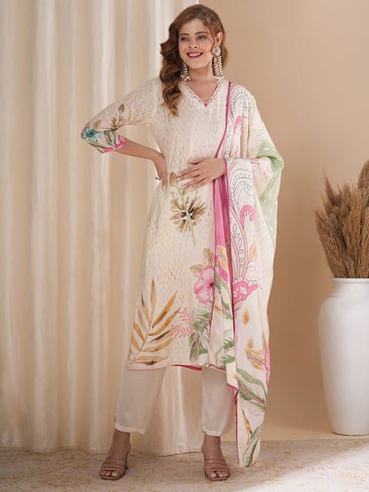 Abstract Floral Printed Straight Fit Kurta with Pant and Printed Dupatta - Cream