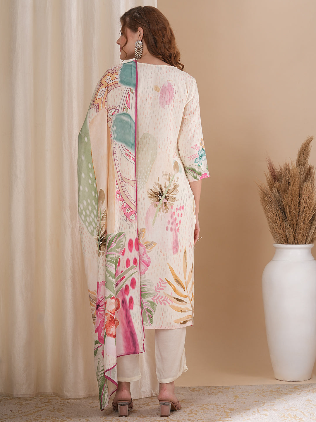 Abstract Floral Printed Straight Fit Kurta with Pant and Printed Dupatta - Cream