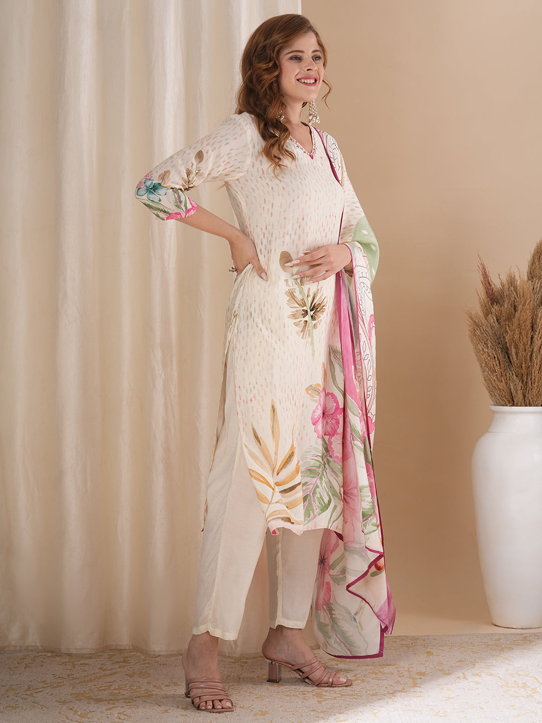 Abstract Floral Printed Straight Fit Kurta with Pant and Printed Dupatta - Cream