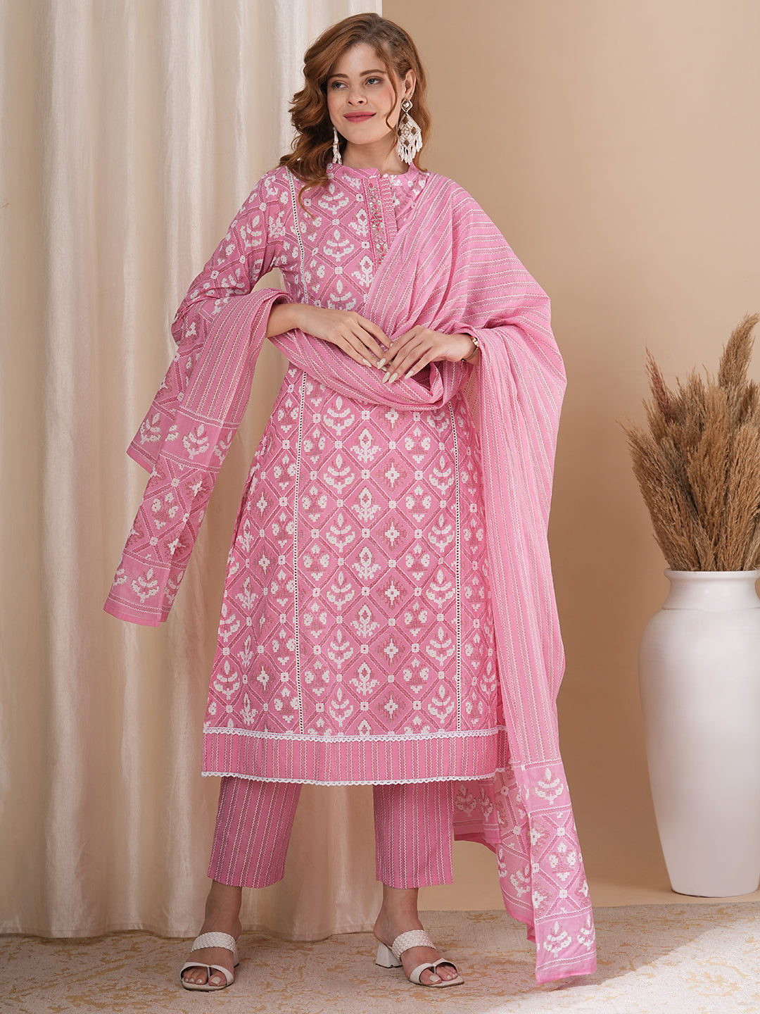 Ethnic Geometric Printed A-Line Paneled Kurta with Pant and Pure Cotton Dupatta - Pink