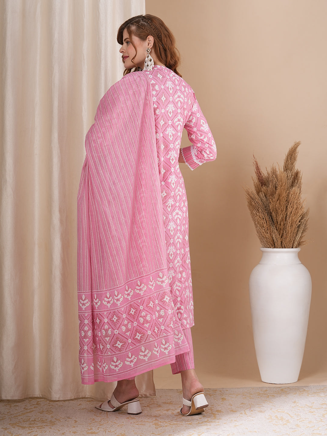 Ethnic Geometric Printed A-Line Paneled Kurta with Pant and Pure Cotton Dupatta - Pink