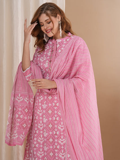 Ethnic Geometric Printed A-Line Paneled Kurta with Pant and Pure Cotton Dupatta - Pink