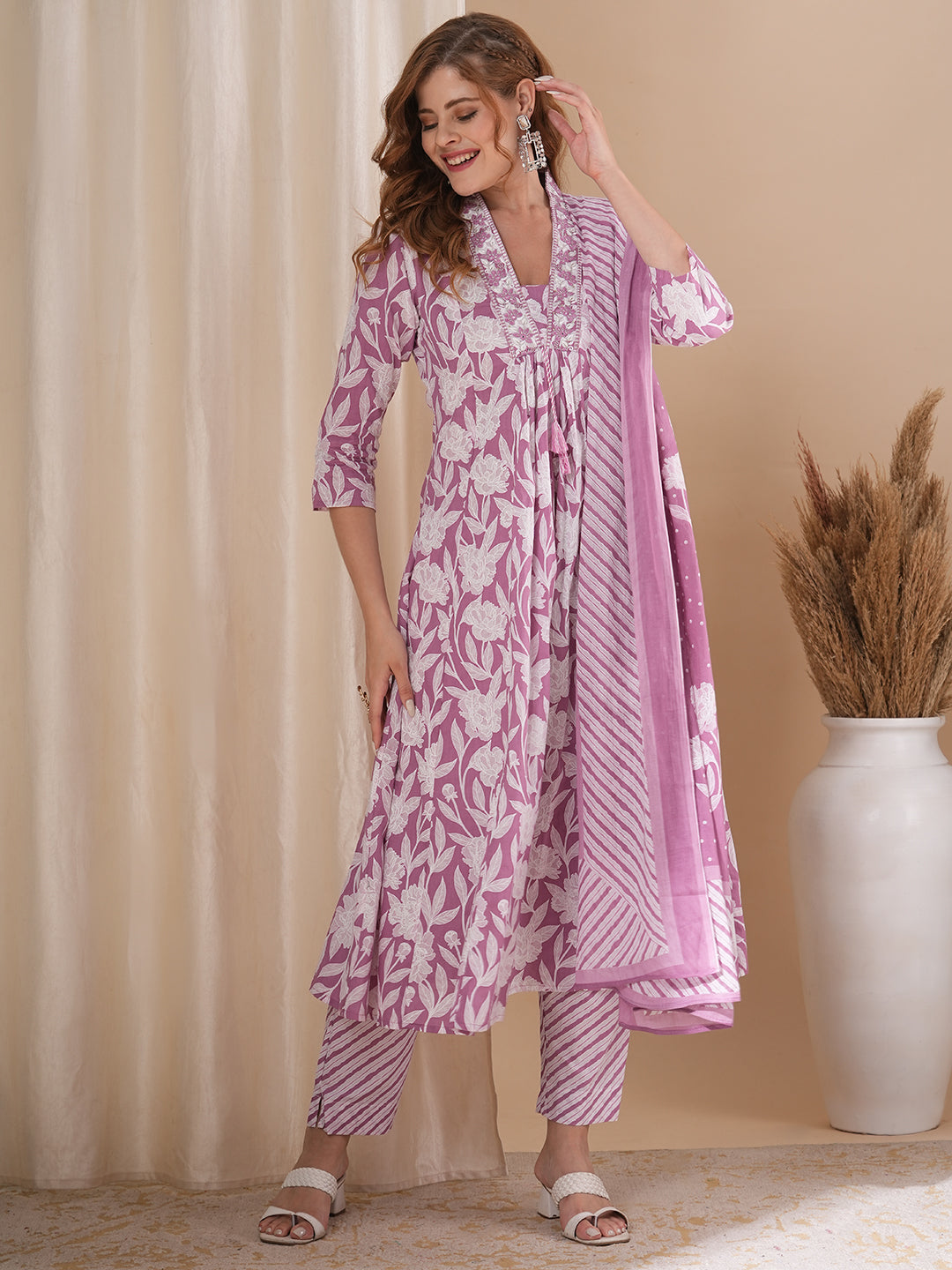 Floral Printed & Embroidered A-Line Paneled Kurta with Pant and Pure Cotton Dupatta - Mauve