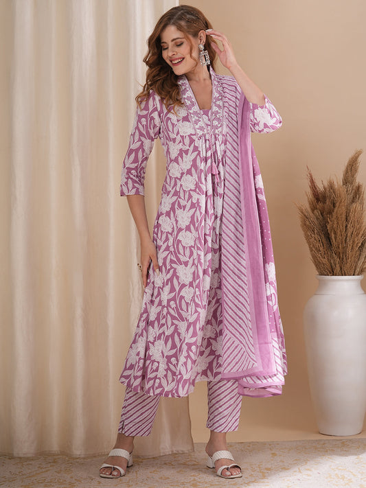 Floral Printed & Embroidered A-Line Paneled Kurta with Pant and Pure Cotton Dupatta - Mauve