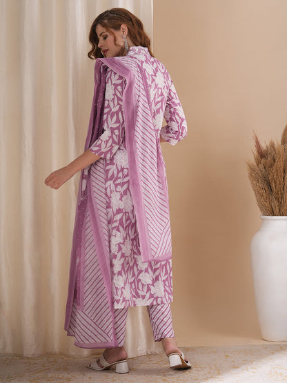 Floral Printed & Embroidered A-Line Paneled Kurta with Pant and Pure Cotton Dupatta - Mauve