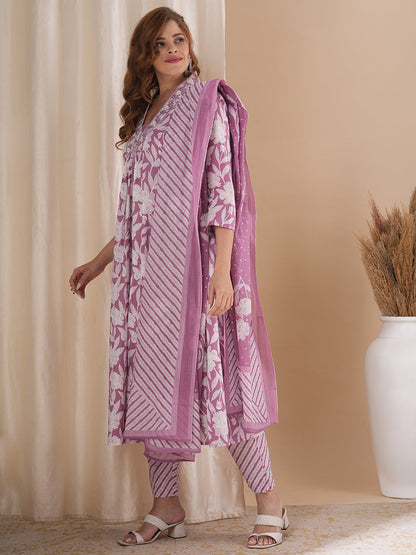 Floral Printed & Embroidered A-Line Paneled Kurta with Pant and Pure Cotton Dupatta - Mauve