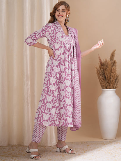 Floral Printed & Embroidered A-Line Paneled Kurta with Pant and Pure Cotton Dupatta - Mauve