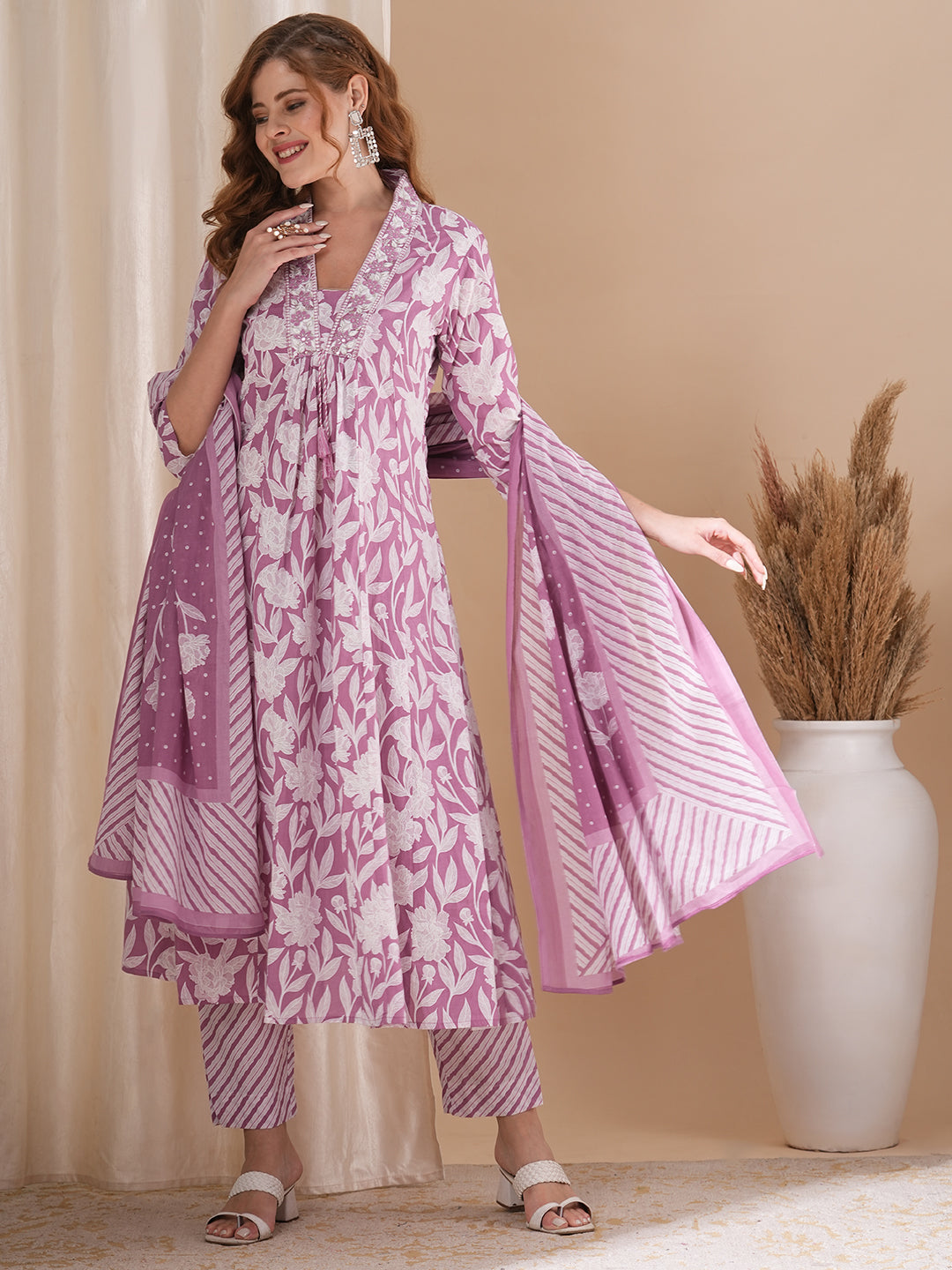 Floral Printed & Embroidered A-Line Paneled Kurta with Pant and Pure Cotton Dupatta - Mauve