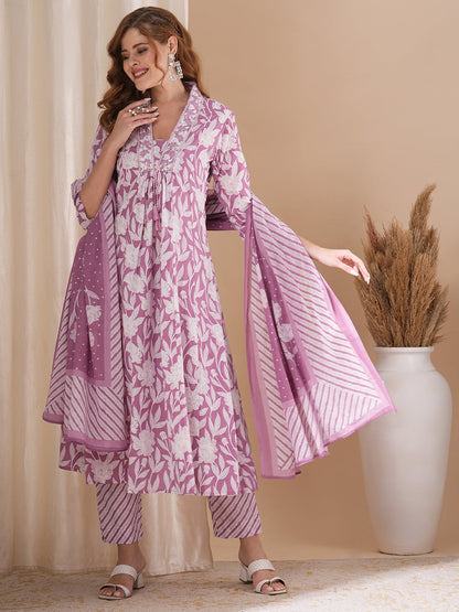 Floral Printed & Embroidered A-Line Paneled Kurta with Pant and Pure Cotton Dupatta - Mustard