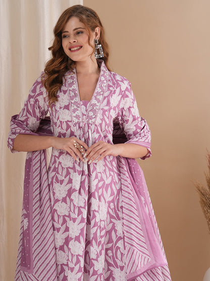 Floral Printed & Embroidered A-Line Paneled Kurta with Pant and Pure Cotton Dupatta - Mauve