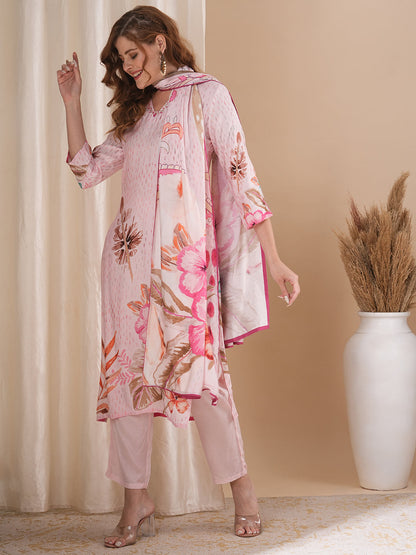 Abstract Floral Printed Embroidered Straight Fit Kurta with Pant and Dupatta - Pink