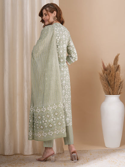 Ethnic Geometric Printed A-Line Paneled Kurta with Pant and Pure Cotton Dupatta - Mint Green