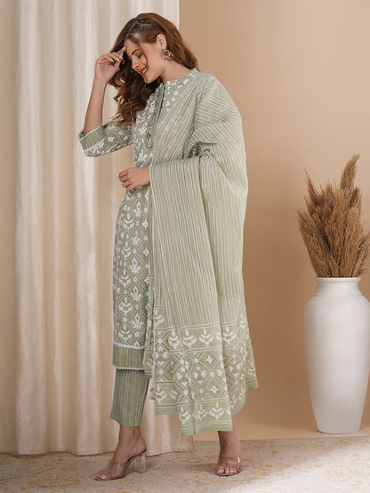 Ethnic Geometric Printed A-Line Paneled Kurta with Pant and Pure Cotton Dupatta - Mint Green