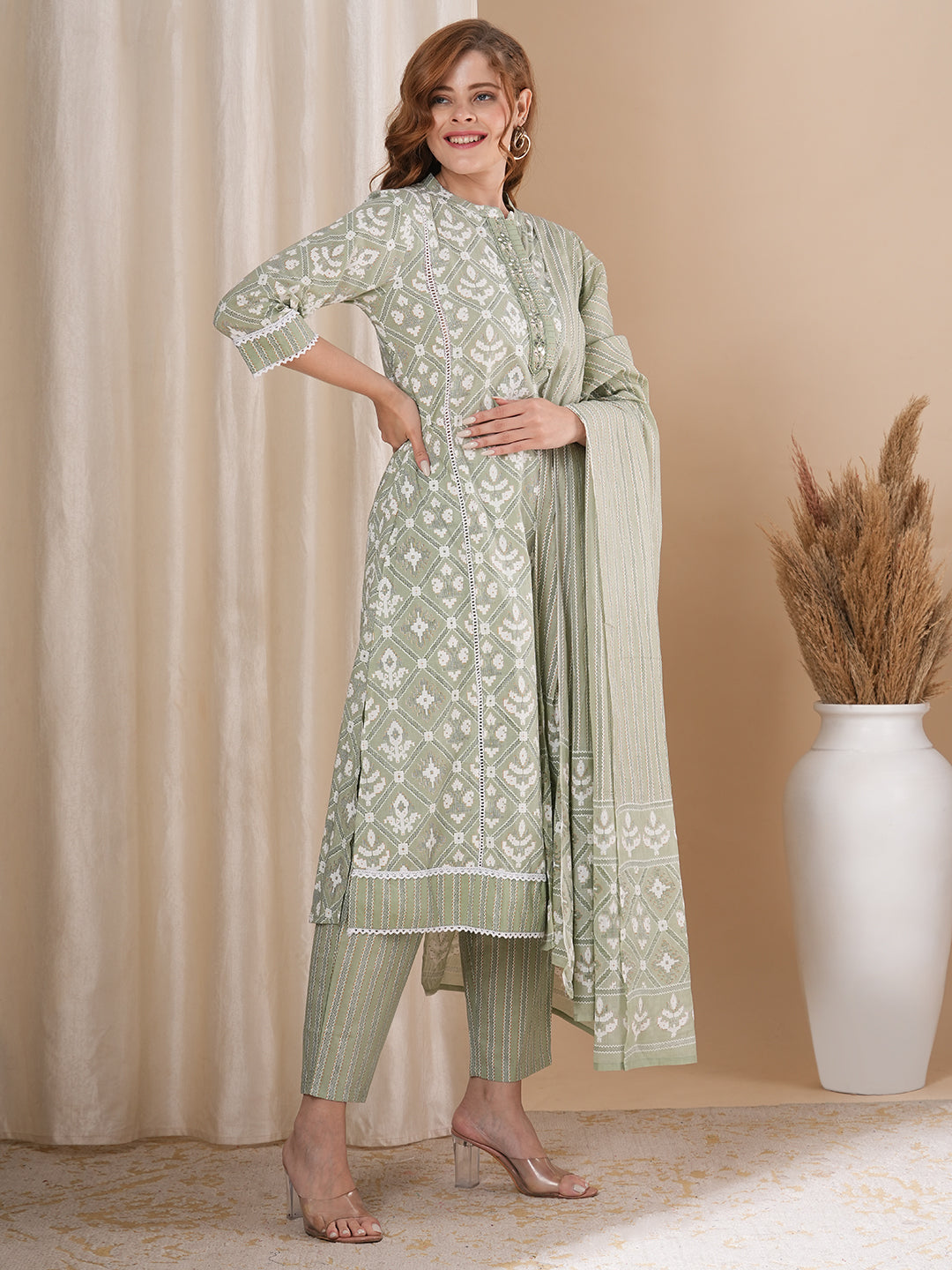 Ethnic Geometric Printed A-Line Paneled Kurta with Pant and Pure Cotton Dupatta - Mint Green