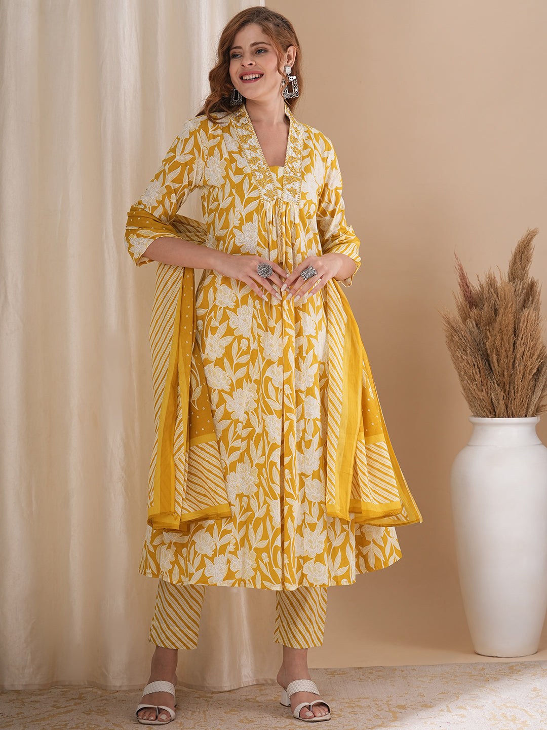 Floral Printed & Embroidered A-Line Pleated Kurta with Palazzo & Dupatta - Peach