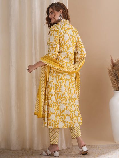 Floral Printed & Embroidered A-Line Pleated Kurta with Palazzo & Dupatta - Peach