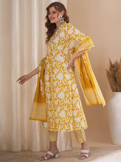 Floral Printed & Embroidered A-Line Pleated Kurta with Palazzo & Dupatta - Peach