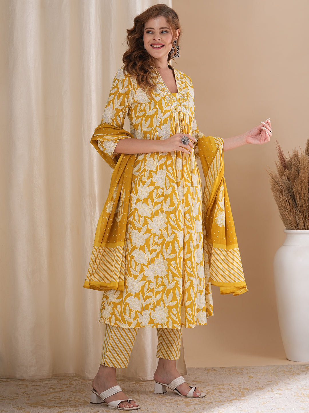 Floral Printed & Embroidered A-Line Pleated Kurta with Palazzo & Dupatta - Peach