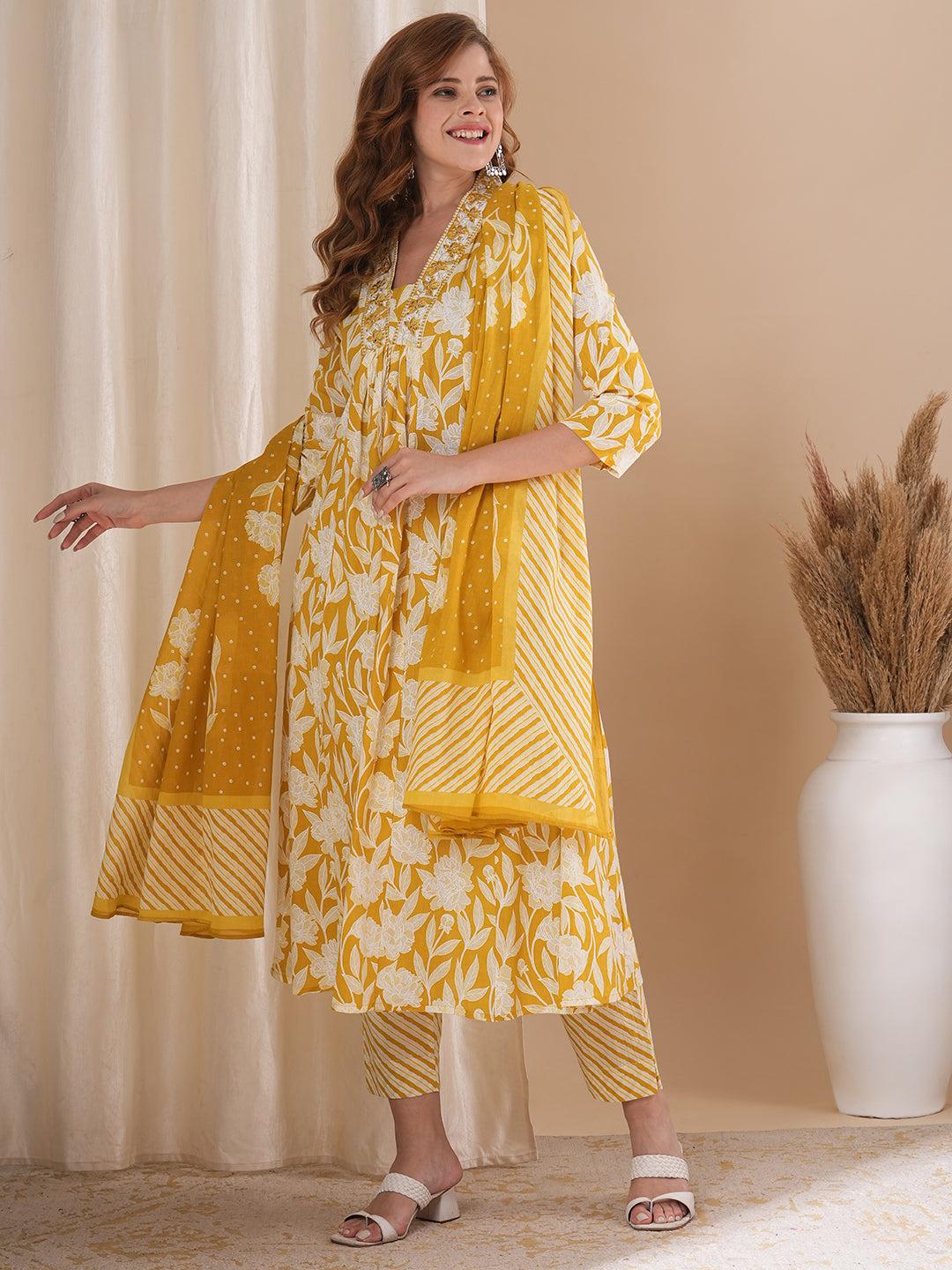 Floral Printed & Embroidered A-Line Pleated Kurta with Palazzo & Dupatta - Peach