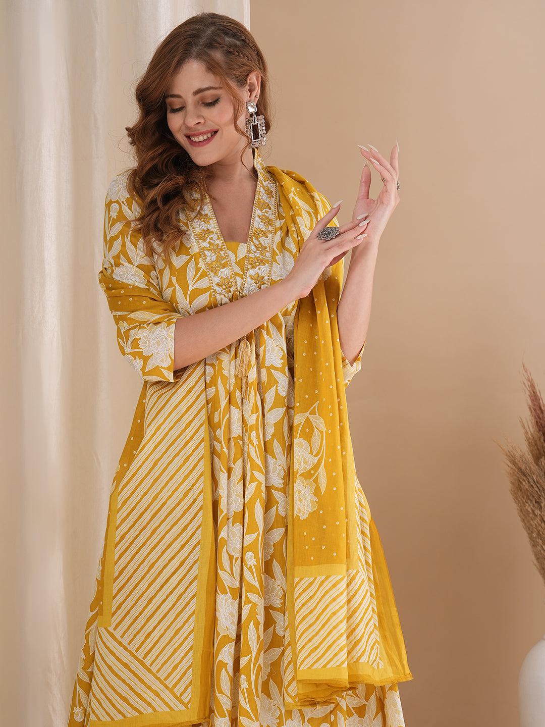 Floral Printed & Embroidered A-Line Pleated Kurta with Palazzo & Dupatta - Peach