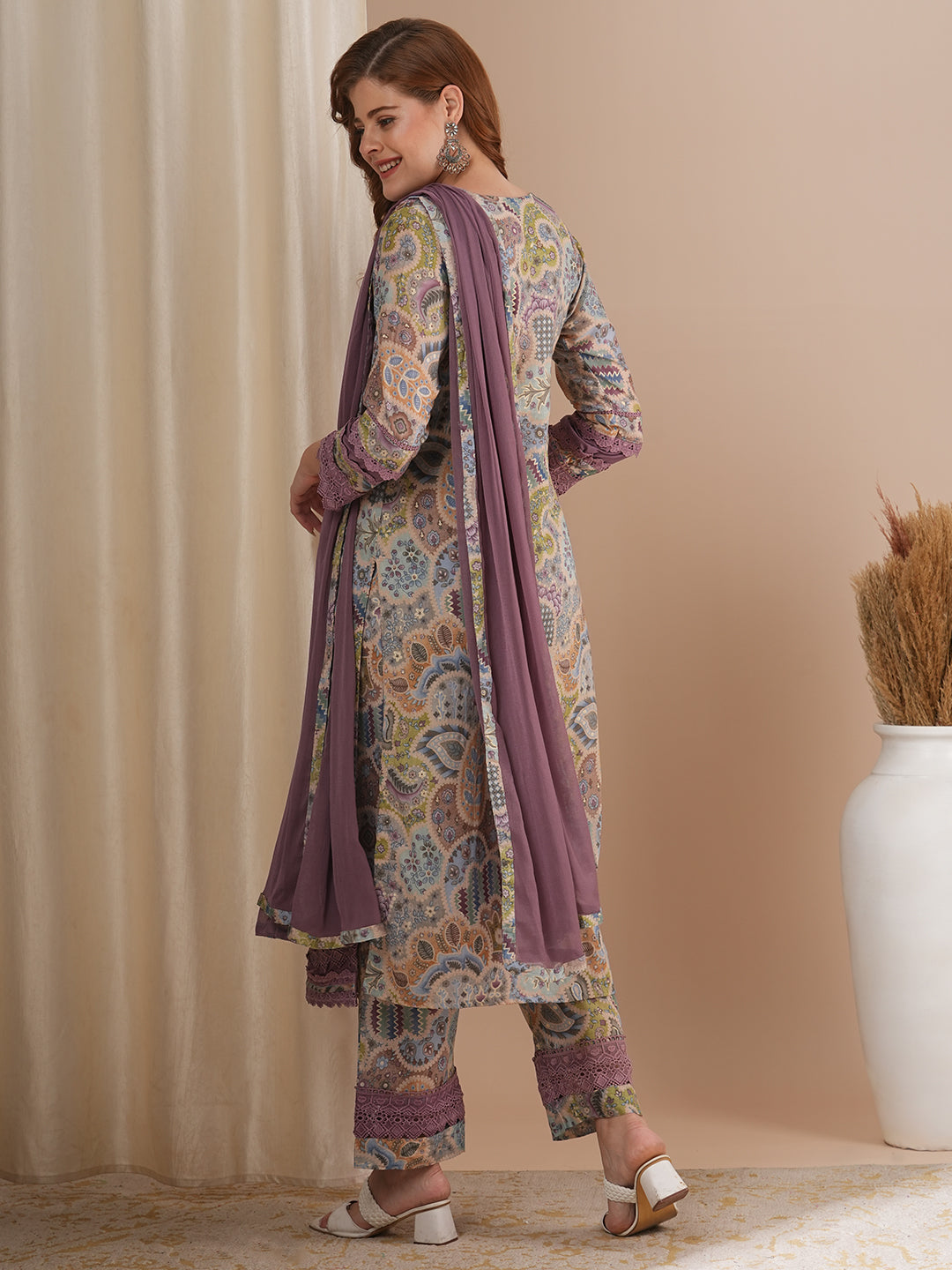 Ethnic Printed & Embroidered Straight Kurta with Pant & Dupatta - Multi