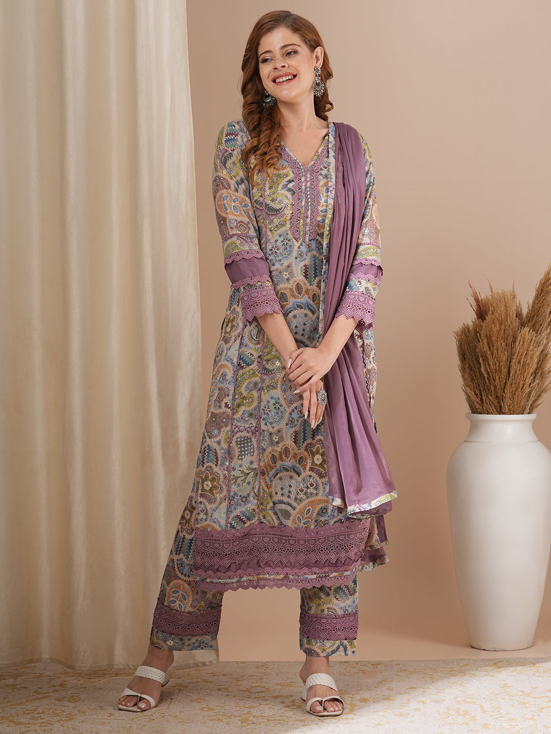 Ethnic Printed & Embroidered Straight Kurta with Pant & Dupatta - Multi