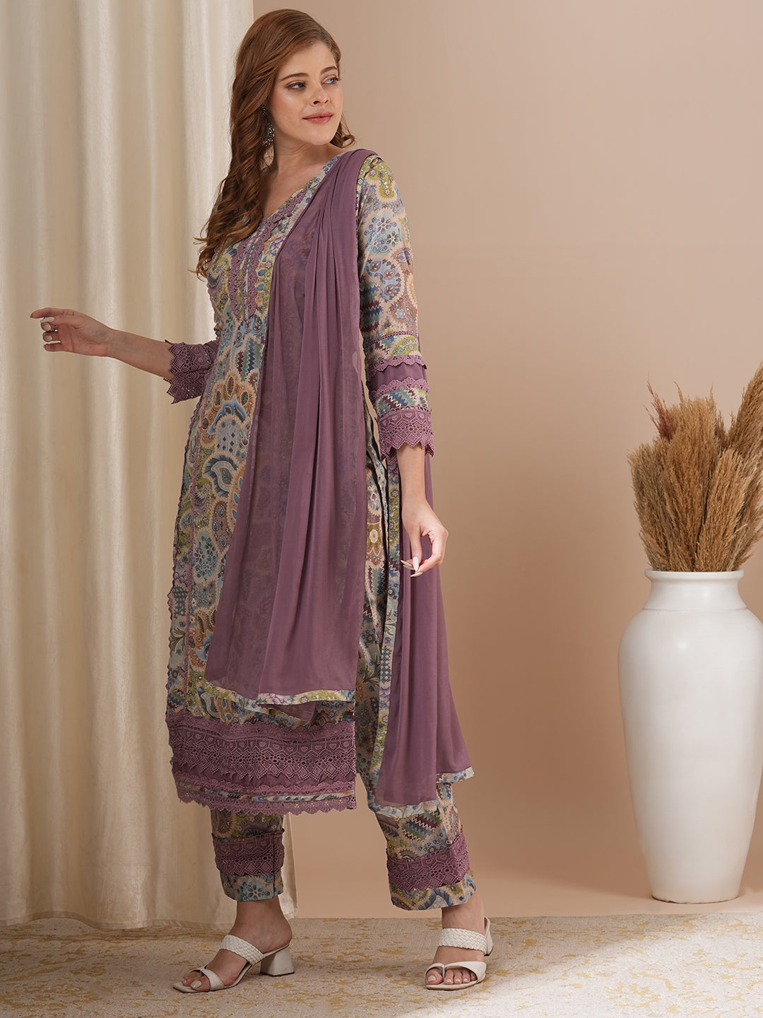 Ethnic Printed & Embroidered Straight Kurta with Pant & Dupatta - Multi