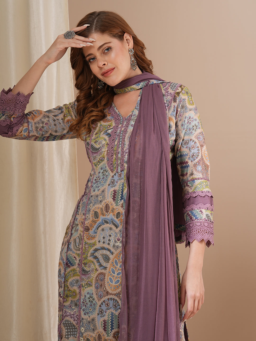 Ethnic Printed & Embroidered Straight Kurta with Pant & Dupatta - Multi