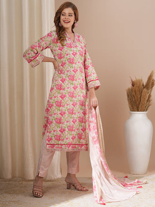 Floral Printed & Embroidered Straight Fit Kurta with Pant and Dupatta - Pink