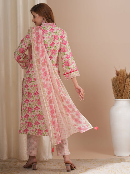 Floral Printed & Embroidered Straight Fit Kurta with Pant and Dupatta - Pink