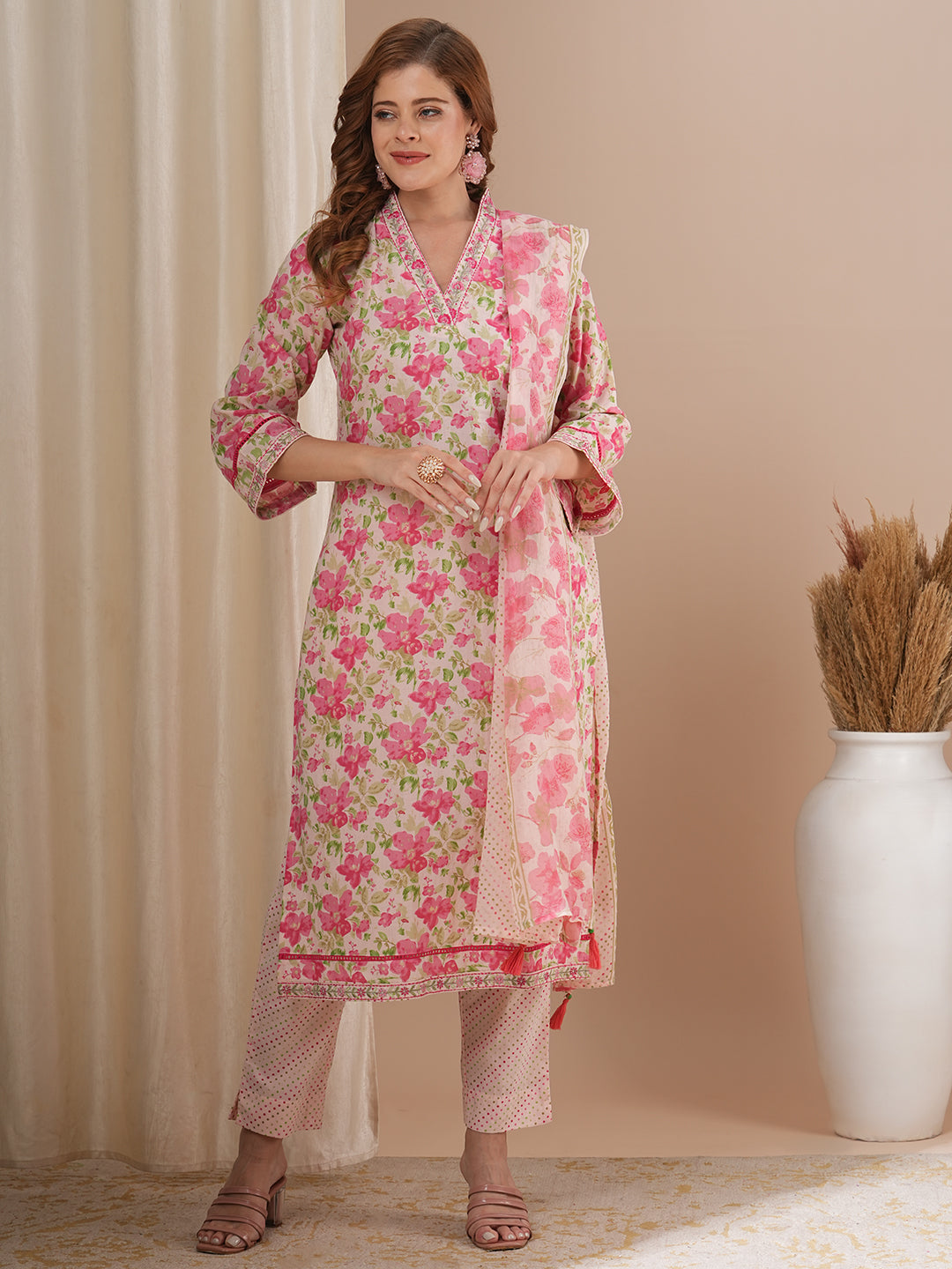 Floral Printed & Embroidered Straight Fit Kurta with Pant and Dupatta - Pink