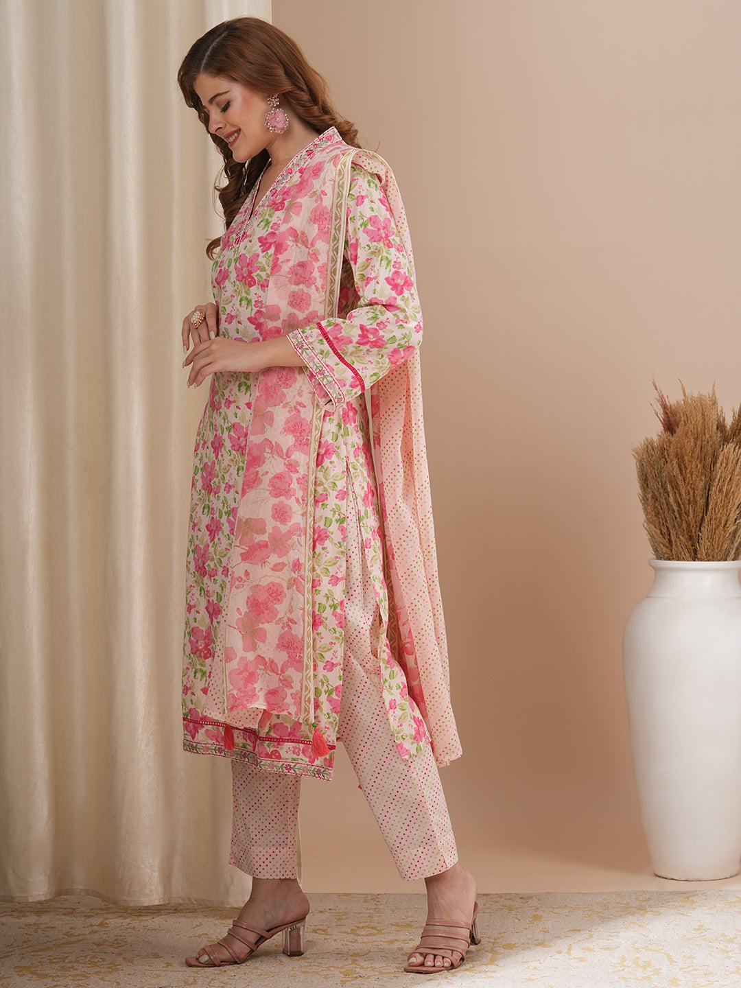 Floral Printed & Embroidered Straight Fit Kurta with Pant and Dupatta - Pink