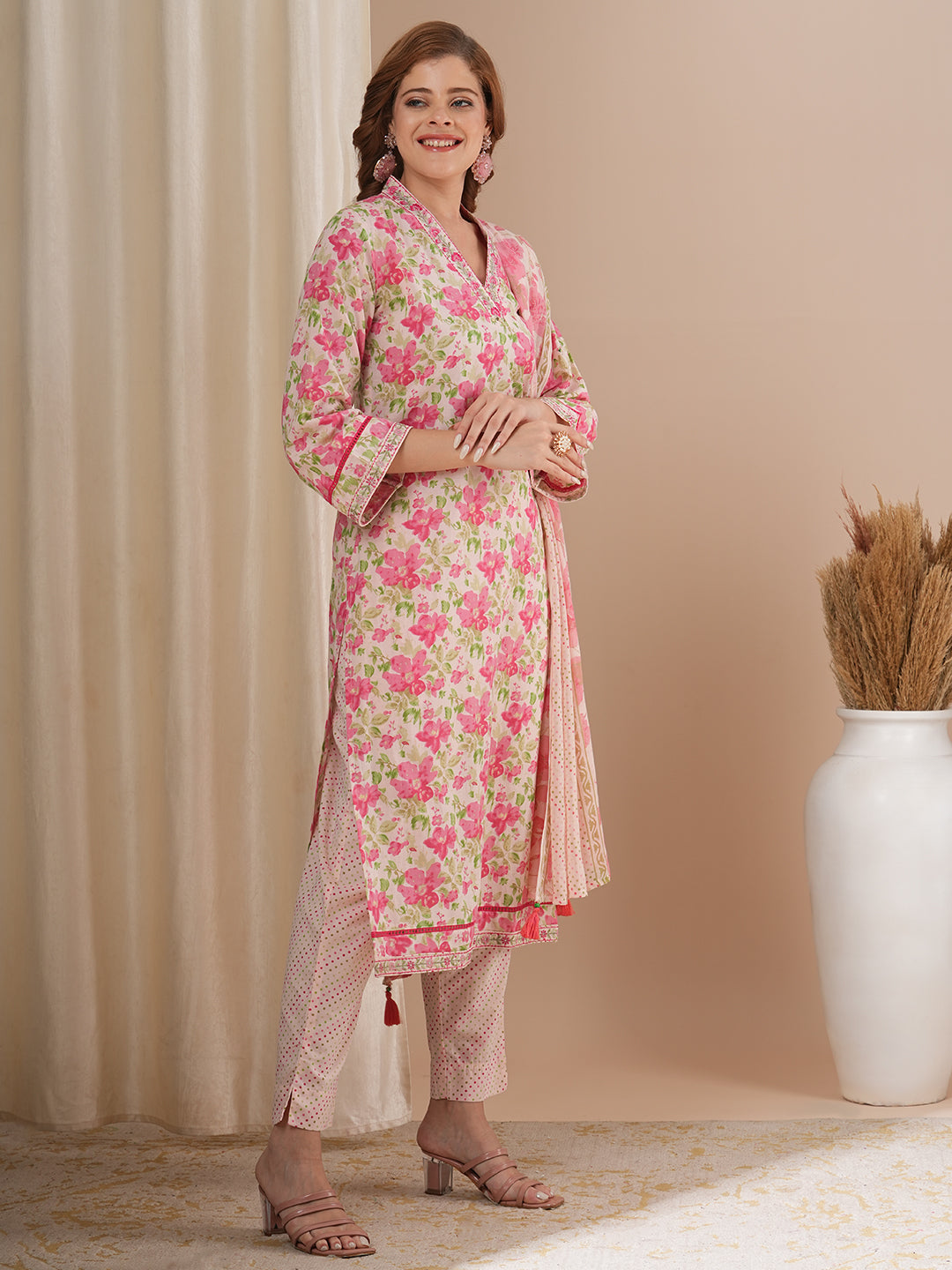 Floral Printed & Embroidered Straight Fit Kurta with Pant and Dupatta - Pink