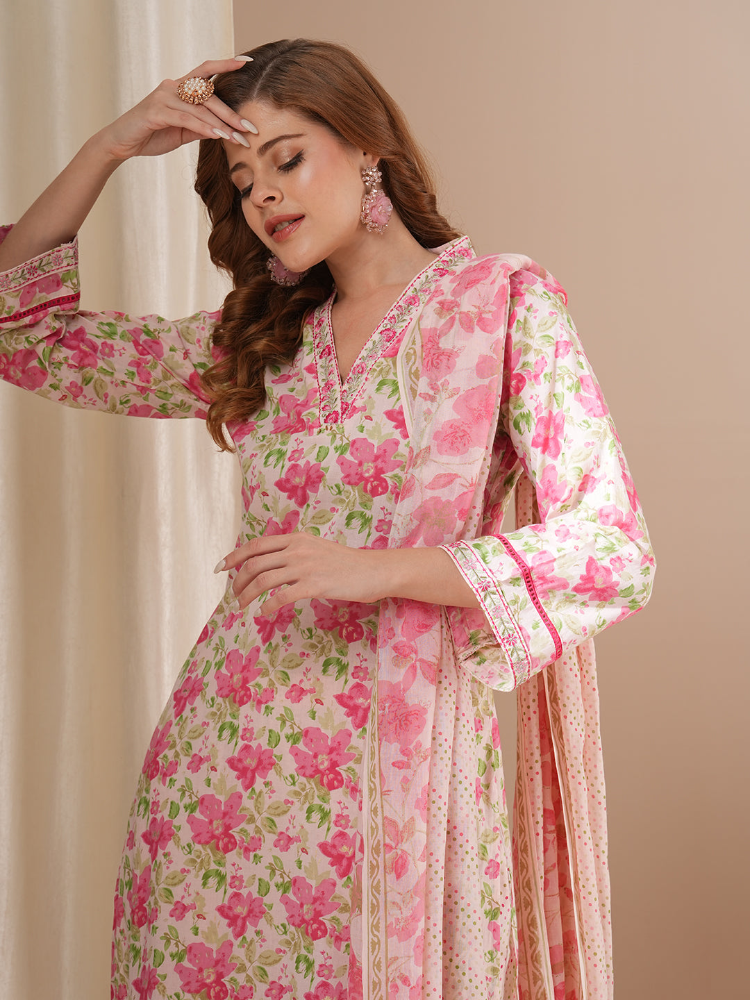 Floral Printed & Embroidered Straight Fit Kurta with Pant and Dupatta - Pink