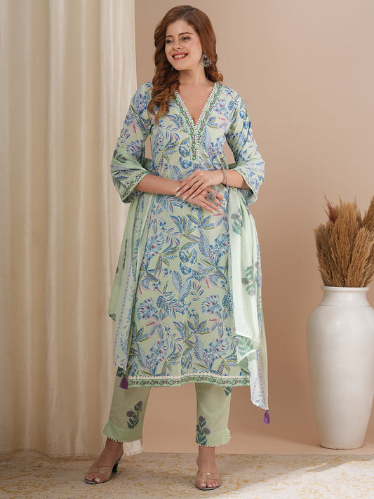 Floral Printed & Embroidered Straight Fit Kurta with Pant and Pure Cotton Printed Dupatta - Mint Green