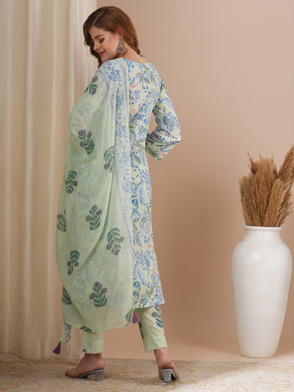 Floral Printed & Embroidered Straight Fit Kurta with Pant and Pure Cotton Printed Dupatta - Mint Green