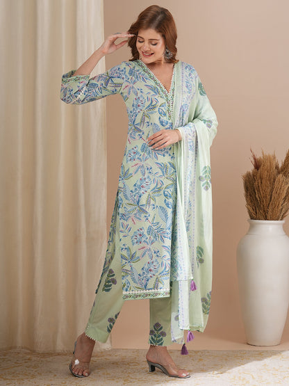 Floral Printed & Embroidered Straight Fit Kurta with Pant and Pure Cotton Printed Dupatta - Mint Green