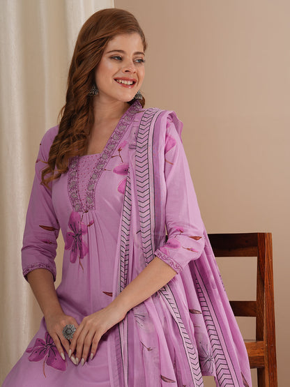 Abstract Floral Printed Straight Fit Kurta with Pant and Dupatta - Lavender