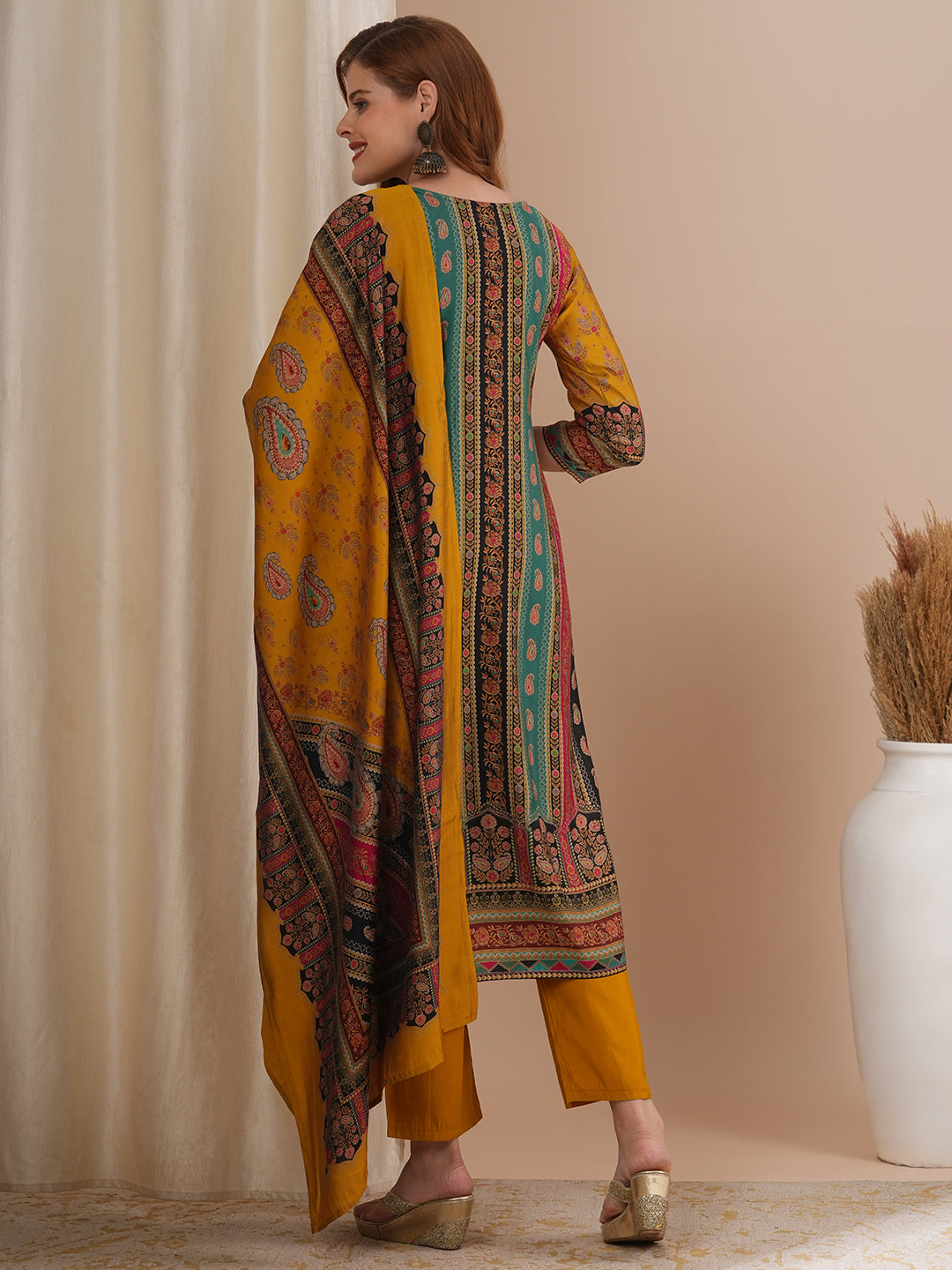 Ethnic Floral Printed & Hand Embroidered Straight Kurta with Pant & Dupatta - Mustard