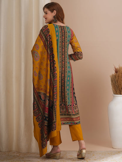 Ethnic Floral Printed & Hand Embroidered Straight Kurta with Pant & Dupatta - Mustard