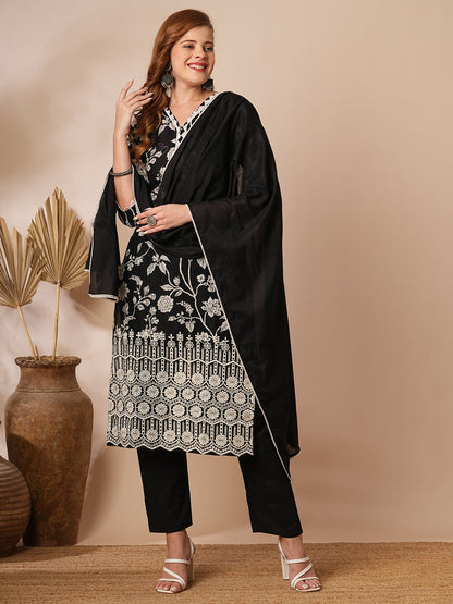 Ethnic Floral Printed & Schiffli Embroidered Kurta with Pant & Dupatta - Black