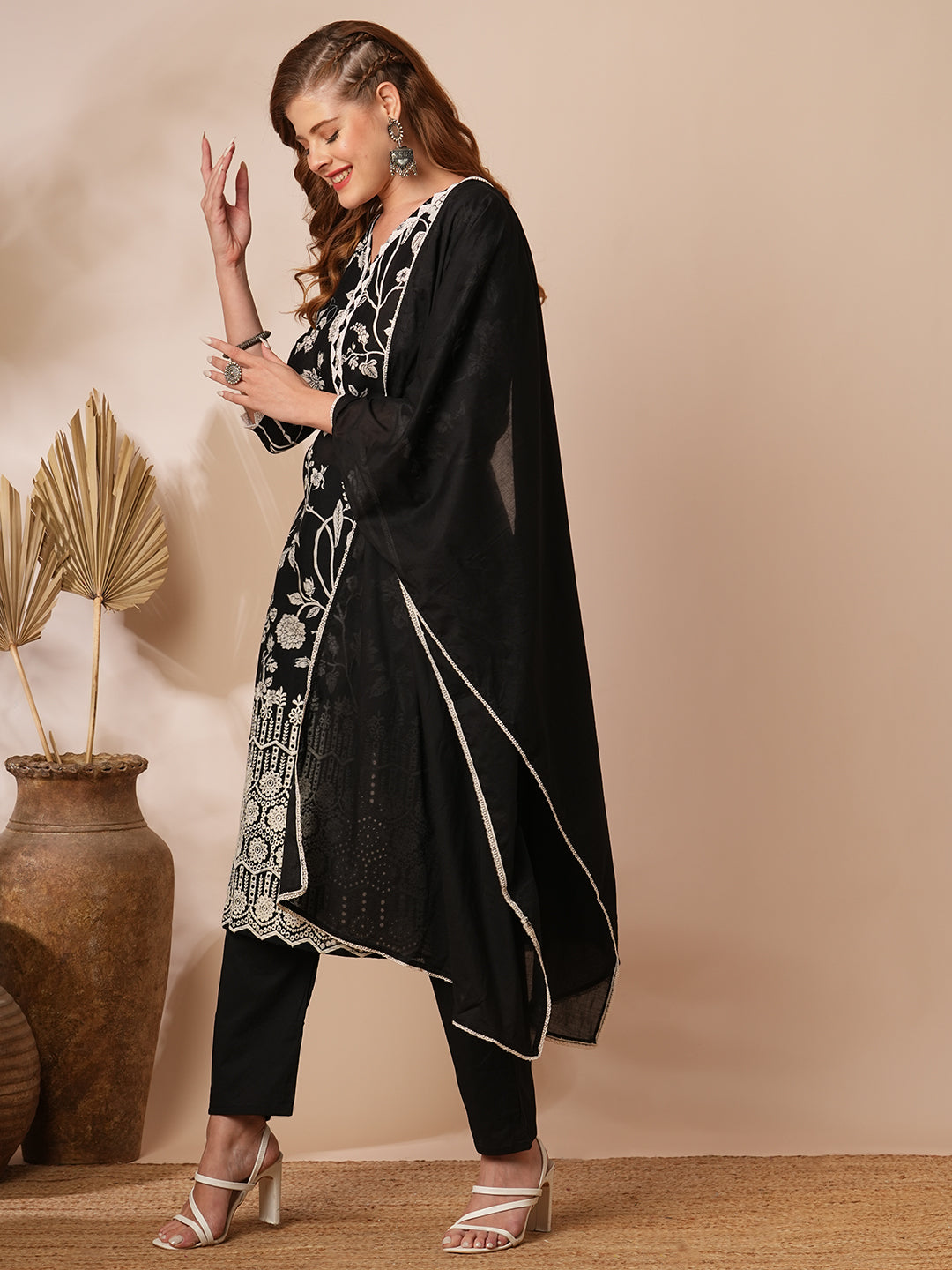 Ethnic Floral Printed & Schiffli Embroidered Kurta with Pant & Dupatta - Black