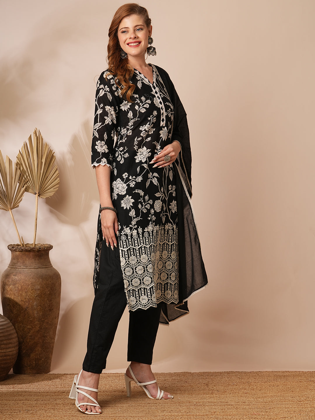 Ethnic Floral Printed & Schiffli Embroidered Kurta with Pant & Dupatta - Black