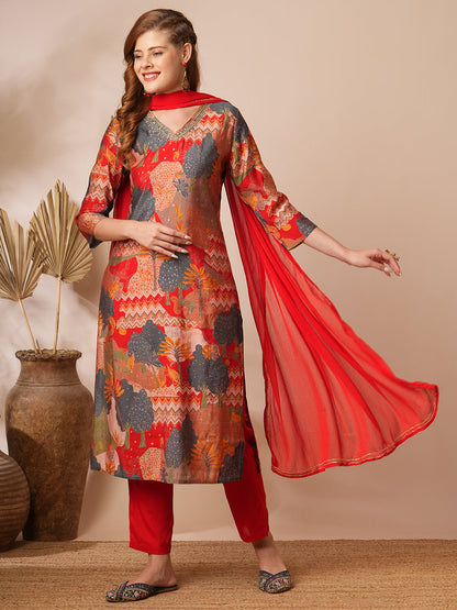 Floral Printed & Hand Embroidered Straight Kurta with Pant & Dupatta - Multi