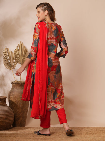 Floral Printed & Hand Embroidered Straight Kurta with Pant & Dupatta - Multi