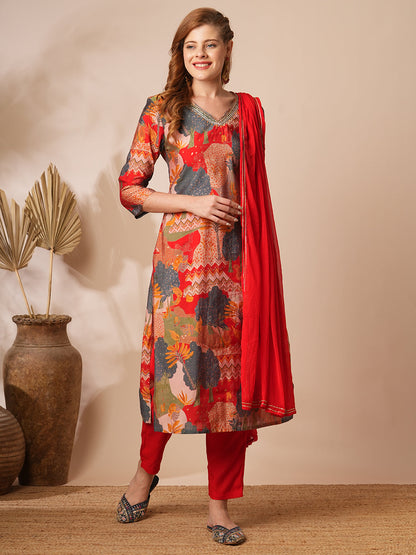 Floral Printed & Hand Embroidered Straight Kurta with Pant & Dupatta - Multi