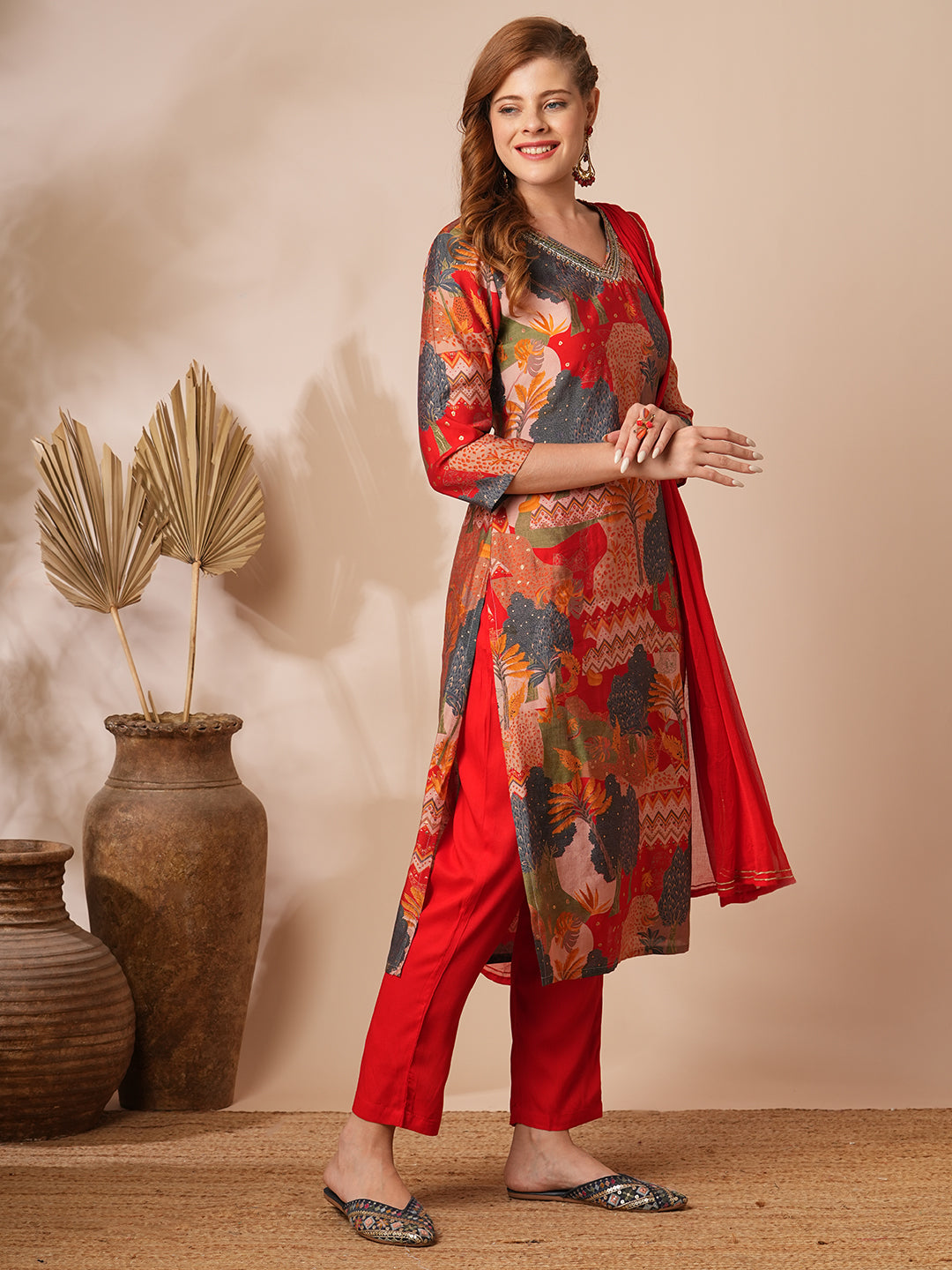 Floral Printed & Hand Embroidered Straight Kurta with Pant & Dupatta - Multi